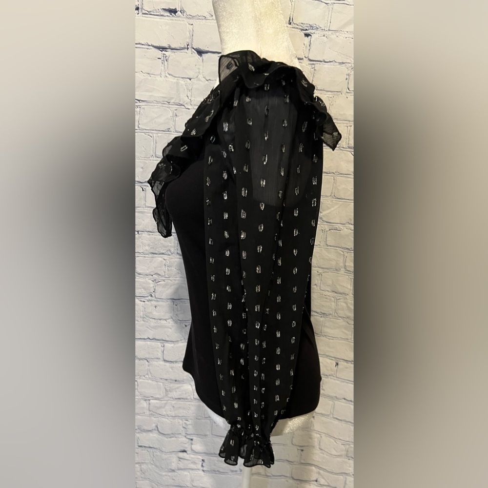 Ann Taylor Lift Shimmer Dotted Ruffle Yoke Mixed Media Top Small Petite - Picture 4 of 7